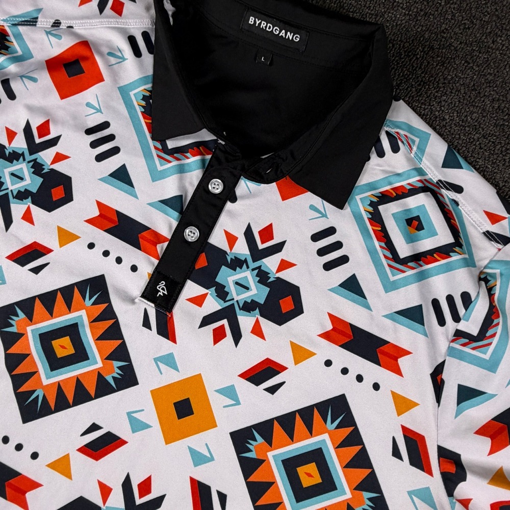 Byrdgang Polo Shirt Mens L Performance Geometric Southwestern Multicolor EUC
